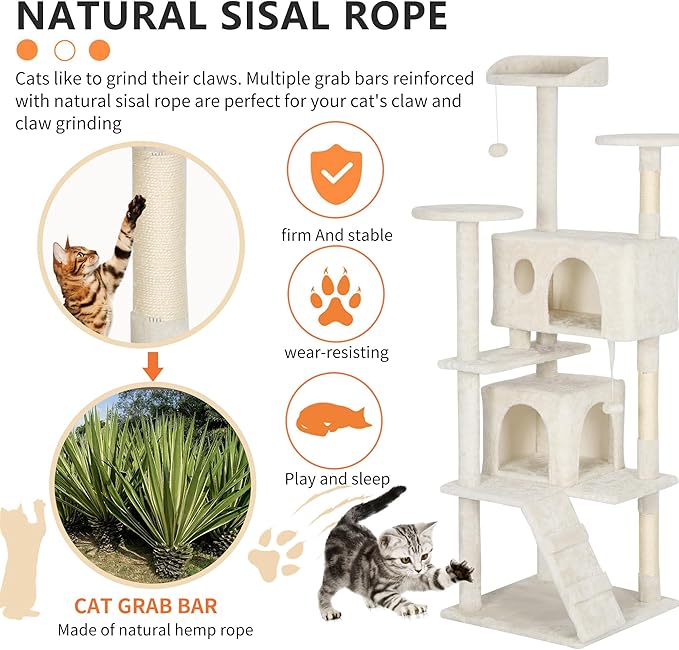 BestPet 62in Cat Tree Tower for Indoor Cats,Multi-Level Cat Furniture Activity Center with Cat Scratching Posts Stand House Cat Condo with Funny Toys for Kittens Pet Play House,Beige