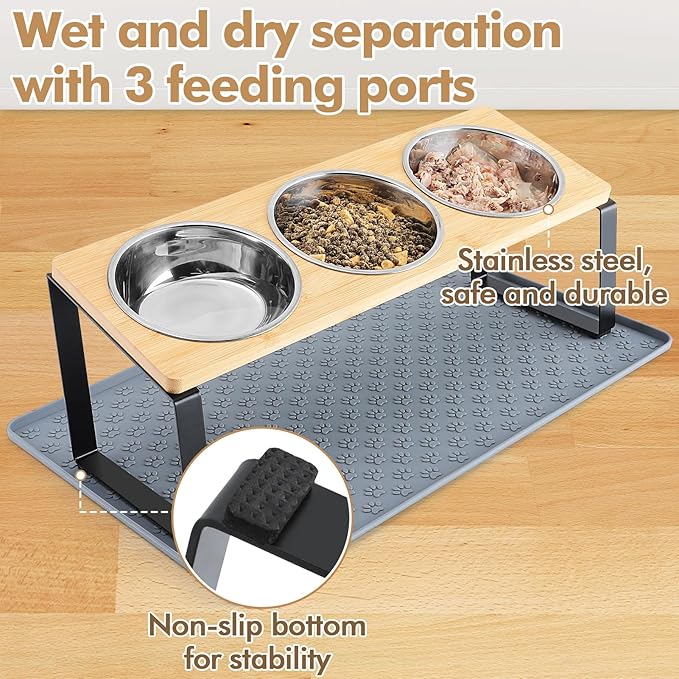 15° Tilted Elevated Cat Bowls - Raised Cat Bowls Stand with Silicone Food Mat & 3 Stainless Steel Cat Dishes for Food and Water, Anti-Vomiting for Indoor Cats and Small Pets