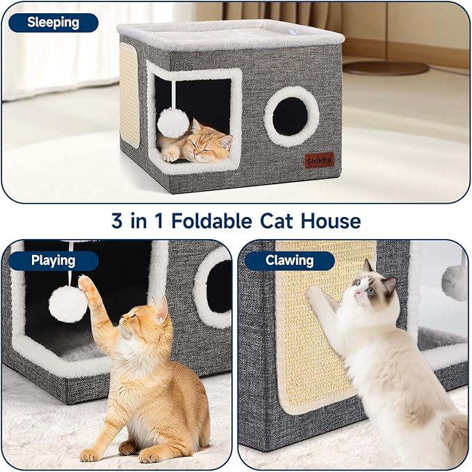 Cat Beds for Indoor Cats, Large Cat Cave with Cozy Condo, Fluffy Hanging Ball, Round Window, Foldable Indoor Cat House Hold Up to 30LBS, Cat Hideaway with Double-Sided Soft Cushions for All Seasons