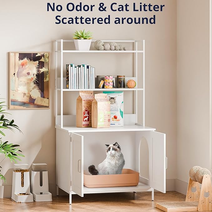 Cozy Castle Litter Box Enclosure, 57'' Cat Litter Box Furniture with Large Cabinet, Shelves, Hidden Cat House for Most of Litter Boxes, Wooden Pet Washroom Indoor, White, No-Hook