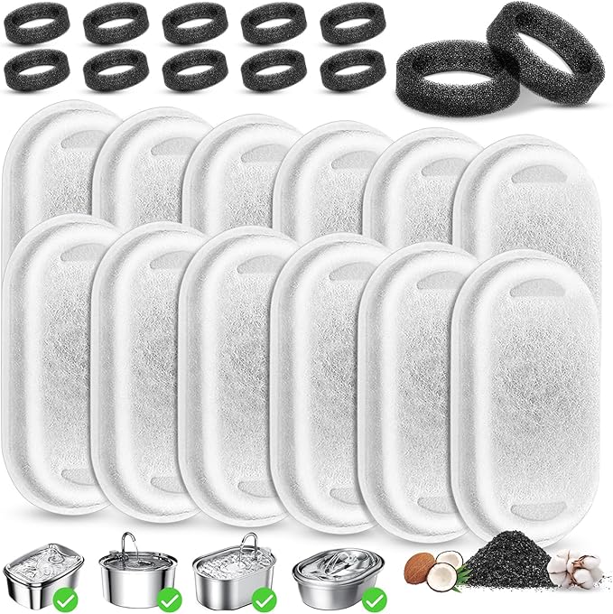 Cat Water Fountain Filter Replacement, 12 Pcs Cat Filters Pet Water Fountain Filter with 12 Pcs Sponges Foam for 67oz/2L & 108oz/3.2L Stainless Steel Automatic Cats Water Fountain Dispenser Filters