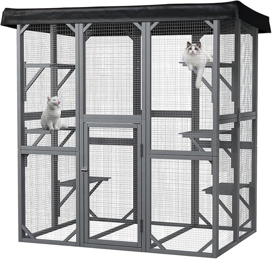 Catio Outdoor Cat Enclosure, 71" Large Cat House for Multiple Cats with Waterproof Roof, 3 Tier Cat Cage with 6 Platform for Patio, Yard, Graden