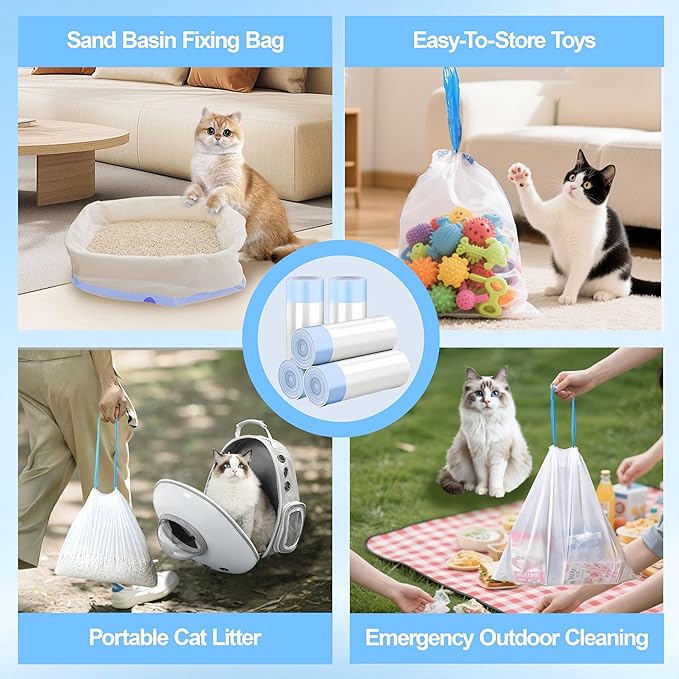 Litter Box Liners, 100 Count Drawstring Cat Box Liners, Tear Resistant Heavy Duty Cat Litter Bags for Litter Box, Pre-Separated for Easy Access, Easy Clean Up, Pet Supplies 25"x 16", White
