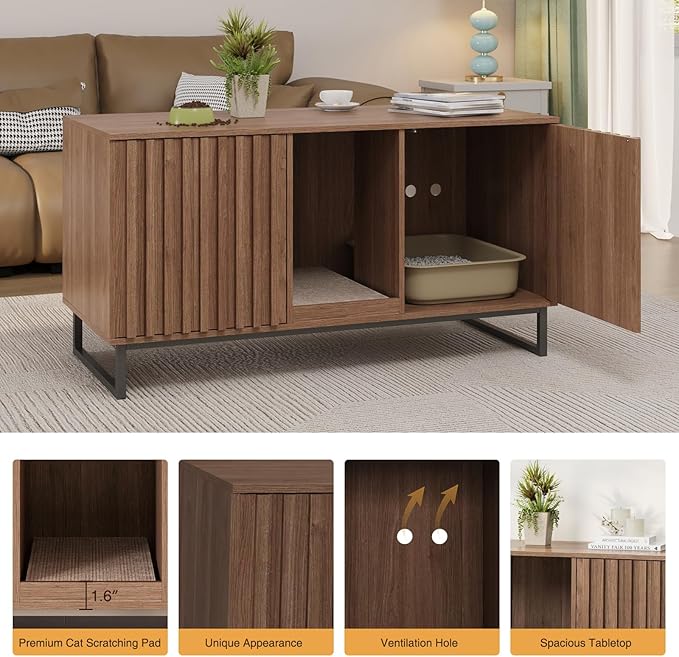 Cat Litter Box Enclosure for 2 Cats, 47.6’’ Litter Box Furniture Hidden with Scratch Pad, Double Room Large Cat Cabinet, Indoor Pet House TV Stand Side Table,Cats Washroom, Brown