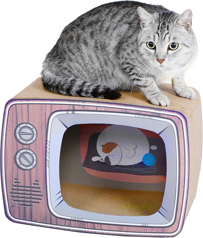 FluffyDream TV Cat Scraper - Durable Cat Leisure Bed - Indoor Scraper and Play House - Corrugated Toy Cat Birthday - 16.9L*12.5W*9H