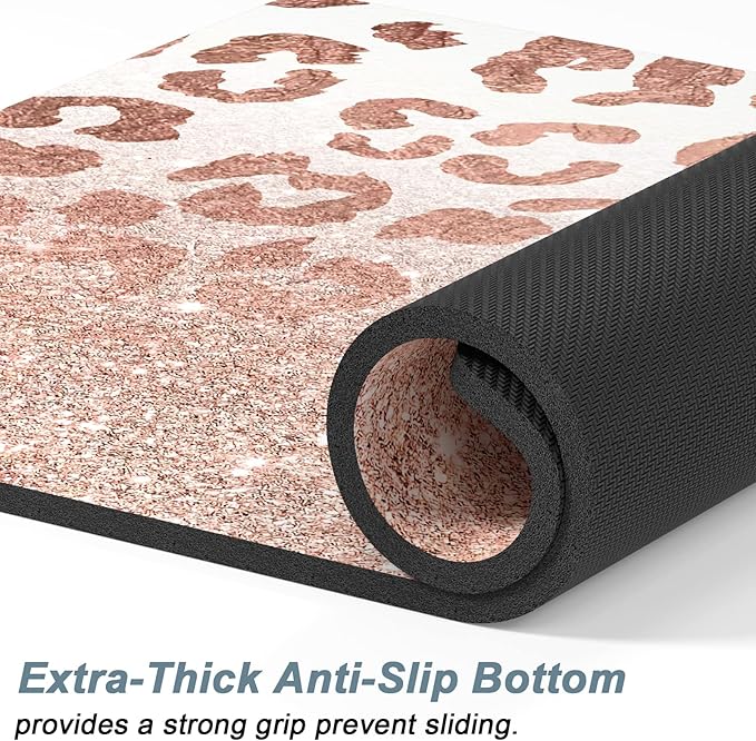 Rnivvi Dog Food Mat, 12" x 19" Leopard Absorbent Dog Cat Bowl Mat for Food and Water, Cute Anti-Slip Rubber Pet Feeding Rug Protect Floors, Puppy Placemat for Feeding & Watering Supplies, Rose