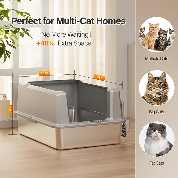 Stainless Steel Jumbo Open Cat Litter Box, XXXL 28"x20.5"x14" for Large Cats & Multi-Cat Households, Anti-Leakage High Walls & Non-Slip Base, Non-Sticky, Easy Clean Durable Metal Litter Pan