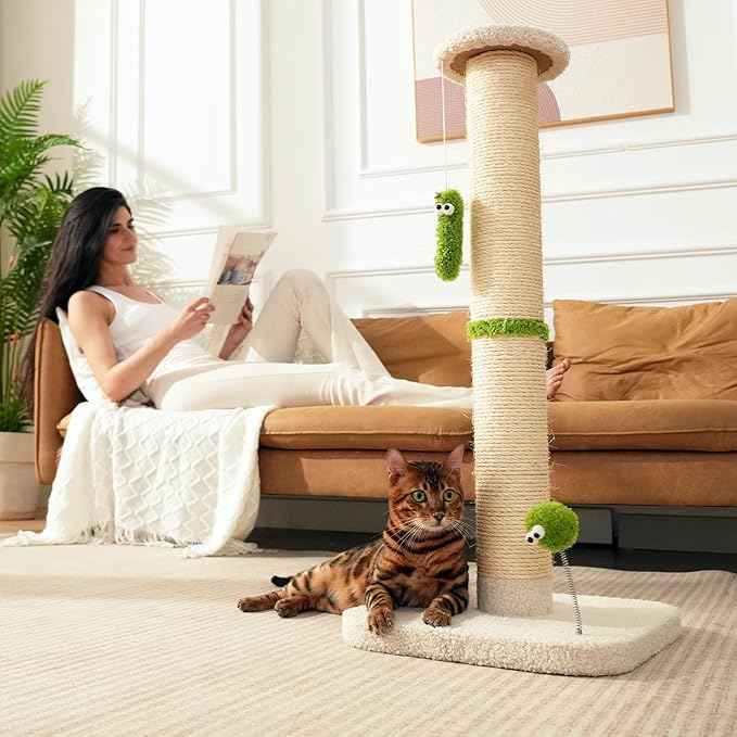 TINYBEAST 34.7" Tall Cat Scratching Post, 3 in 1 Heavy Duty 4.3" Diameter Natural Sisal Post with Hanging Bell Ball, Reinforced Stable Base for Indoor Adult Cats and Kittens(Beige)
