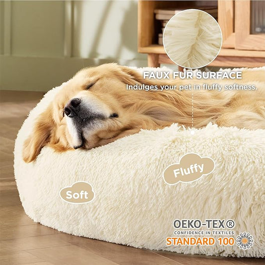 Bedsure Calming Dog Bed for Extra Large Dogs - Donut Washable Large Pet Bed, Anti-Slip Round Fluffy Plush Faux Fur Dog Bed, Fits up to 120 lbs Pets, Cream, 45 inches