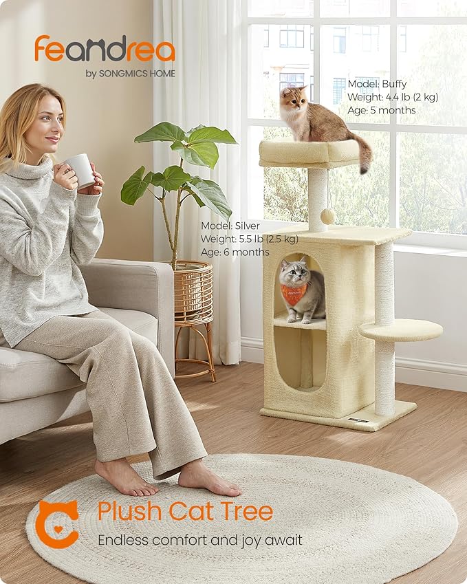 Feandrea Cat Tree Tower with 2 Caves for Multi-Cat Households, Kittens, Scratching Posts, Sand Beige UPCT005Y01