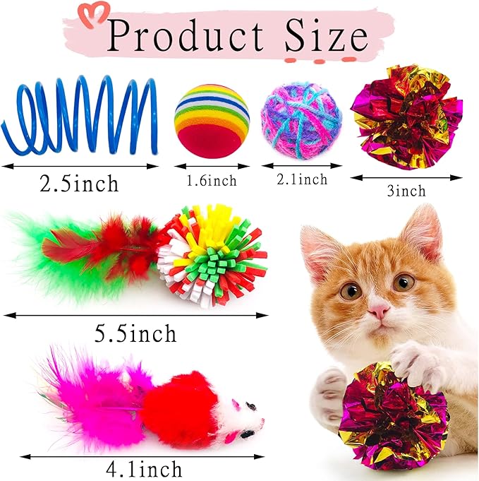 PET SHOW 20Pcs Cats Toys Interactive Kitten Ball Toys Assortments Variety Pack for Indoor Cats Mice Feather Sparkle Crinkle Ball Bells Spring