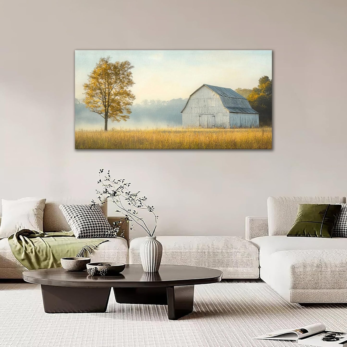 Large Farmhouse Barn Wall Art Country Landscape Canvas Living Room Rustic Tree Pictures Framed Prints Oversize Wall Decor Painting Artwork for Bedroom Dining Office Home 60"x30"