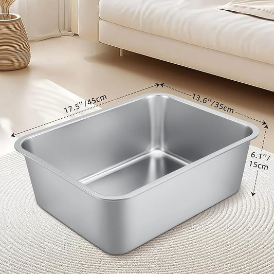 Stainless Steel Cat Litter Box for Large Cats - 17.5"x13.6"x6.1" High-Sided Metal Tray, Anti-Splash & Odor Resistant, Durable Rustproof Design, Easy to Clean