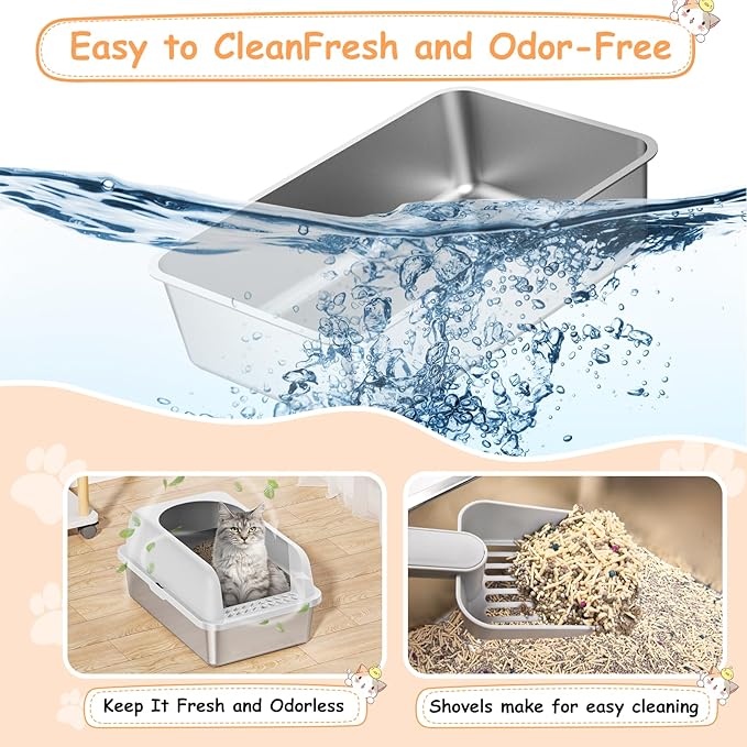 2 Pack Stainless Steel Litter Box witn High Sides, Extra Large cat Litter Box with Lid, Metal Litter Boxes for Multiple Cats, Anti-Leakage,Non-Stick, Easy to Clean, Included Cat Litter Mat, Scoop