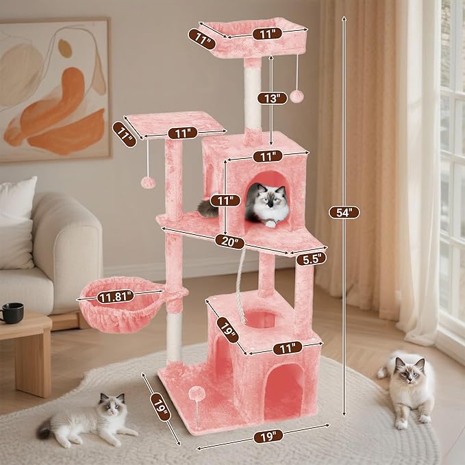 Cat Tree, 54-Inch Cat Tower for Indoor Cats,Plush Multi-Level Cat Condo with Scratching Posts, Basket, Perches,2 Caves,2 Pompoms(Pink)