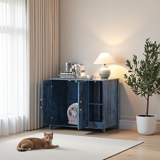 Cat Litter Robot Enclosure with Litter Collector,Cat Litter Cabinet with Dog Proof Adjustable Shelf,for Placing Litter Robot 3/4,Power Outlet (Blue)