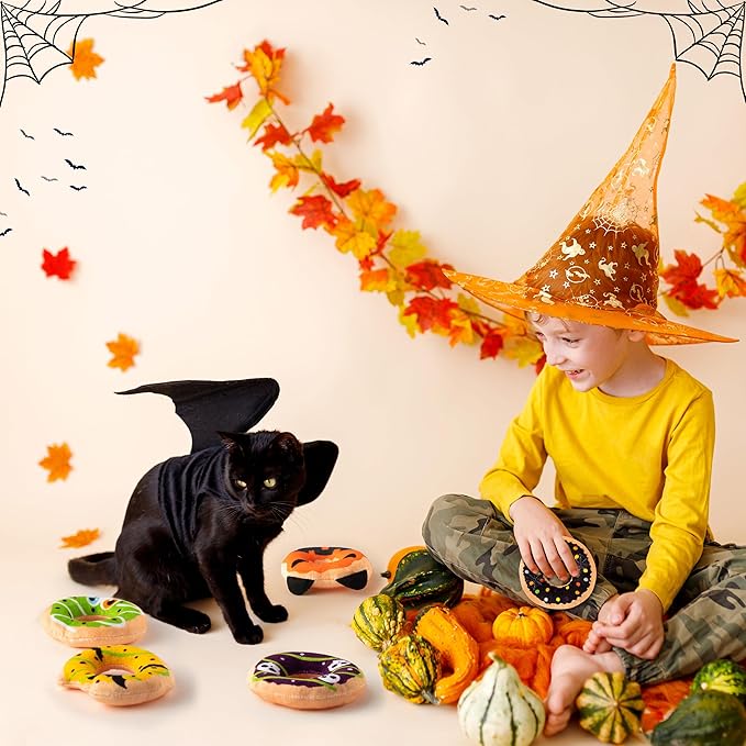 L1rabe Halloween Donut Catnip Stuffed Toys - 5 Funny Pumpkin Bat Spider Dessert Cat Toys Pet Supplies, Indoor Cats Chew Bite Teething Tools Kittens Catmint Birthday Interactive Supplies