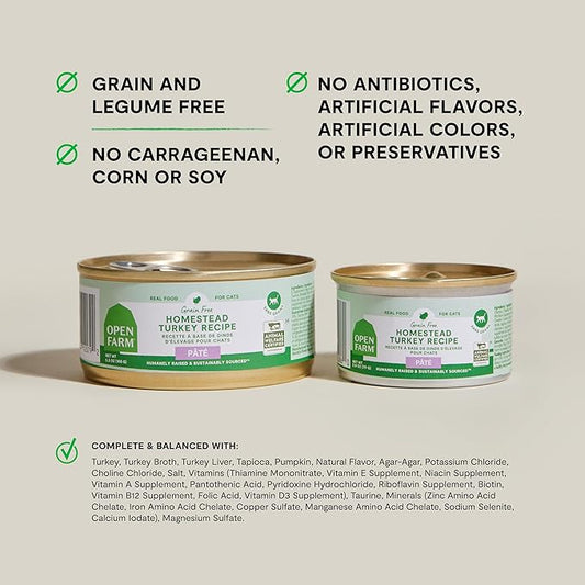 Open Farm Canned Cat Food, Paté for Complete & Balanced Nutrition, Grain-Free and Legume-Free Wet Cat Food, Homestead Turkey Recipe, 5.3oz Cans (Case of 12)