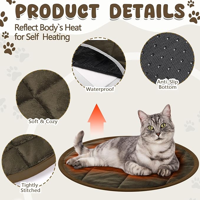 2 Pcs Cat Heating Pad Round 16 Inch Self Heating Cat Mat Washable Heated Bed Anti Slip Warming Pad Pet Bed Mat for Kennel Dog Crate Indoor Outdoor(Coffee,16 Inch)