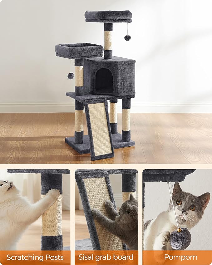 Feandrea Cat Tower, Cat Tree for Indoor Cats, 45.3-Inch Cat Condo with Scratching Post, Ramp, Perch, Spacious Cat Cave, for Kittens, Elderly Cats, Adult Cats, Small Space, Smoky Gray UPCT141G01