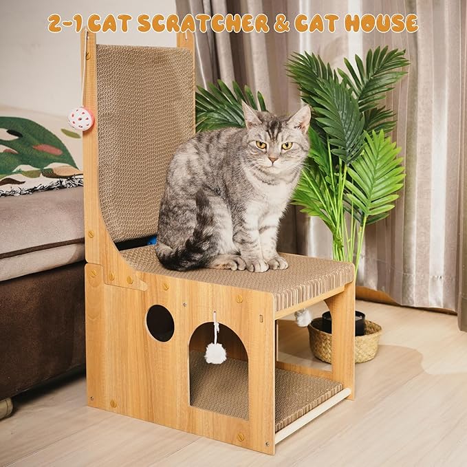 Cat Scratcher, Double Layer Cat Scratching Board, L Shaped Vertical Cat Scratcher for Wall and Couch Protection, Cat Cardboard Scratcher with 5 Ball Toys for Indoor Cats
