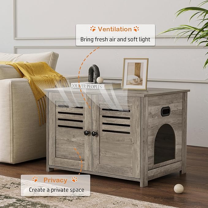 DINZI LVJ Litter Box Enclosure, Cat Litter House with Louvered Doors, Entrance Can Be on Left or Right Side, Spacious Hidden Washroom for Most of Box, Furniture Cabinet, Gray Wash