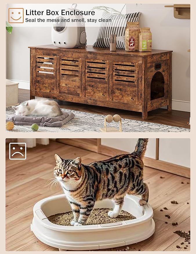 DINZI LVJ Litter Box Enclosure Furniture for 2 Cats, Top Opening Hidden Litter Box with Double Rooms, Dual Cat House with Good Ventilation, 47.2" Wooden Cat Washroom, Box Cabinet, Rustic Brown