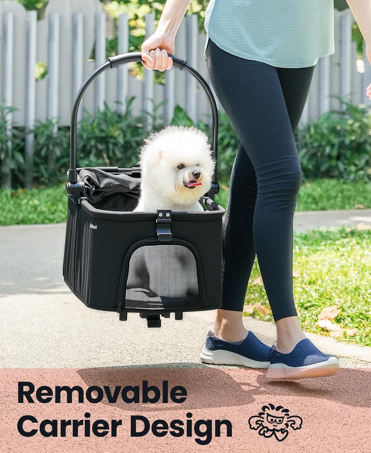 4 Wheels Pet Stroller, Dog Stroller for Small/Medium Dogs and Cats up to 33 lbs, One-Click Fold & Draggable, Removable Carrier, Zipperless Entry, Mesh Windows, Black