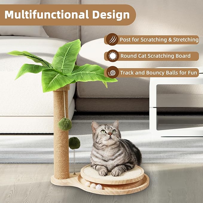 Meowoou Cat Scratching Post Cat Scratcher Interactive Toy with Dangling Ball for Indoor Kitten Large Base Wooden Ball Track 17.7" Tall Modern Sisal Scratch Pole