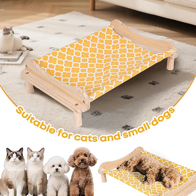 Elevated Wooden Cat Bed – 24"x15.7"x5.9" Breathable Hammock Pet Bed for Indoor/Outdoor Use, Raised Dog Lounger for Small Pets Like Kittens, Puppies, Rabbits, and Bunnies(Orange-1)
