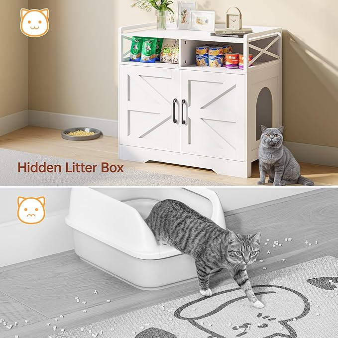 Cat Litter Box Enclosure Furniture - Hidden Litter Box Cabinet with Scratch Pad & Odor Control | Farmhouse Style End Table for Cats | Discreet Cat Washroom for Living Room & Bedroom White