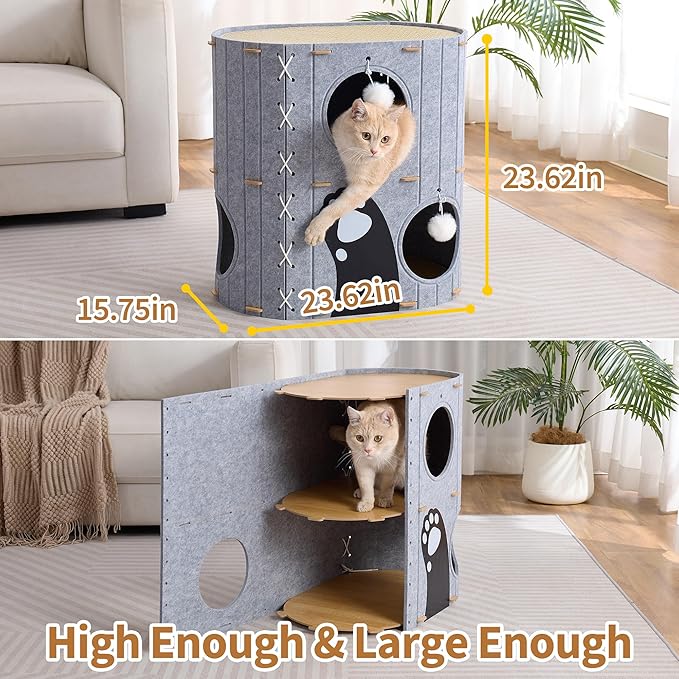 Cat House for Indoor Cats,2-Storey 23" x 15" x 23" Large Felt Covered Cat Cave for Multiple Cats,Clawsable Enclosed Cat Hideout Houses&Condos with Fluffy Ball, Cozy Scratch Resistant House