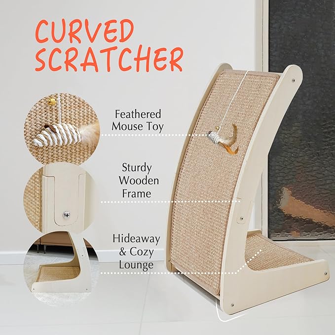 PETKARAY Cat Scratcher, Sisal Cat Scratch Pad, Curved Scratching Board for Indoor Kitty, Floor Mounted Scratcher with Mouse Toy Catnip