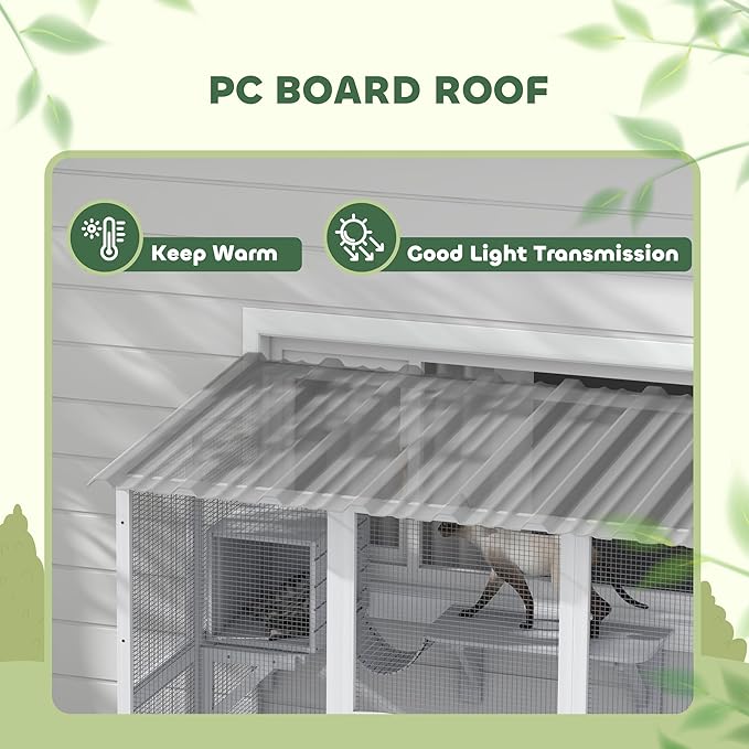 PawHut Catio Outdoor Cat Enclosure Window Box, Wooden Cat House Playground with Scratching Posts, Weather Protection Roof for 1-2 Kitties, Resting Boxes, 68" x 35.5" x 70.5", White
