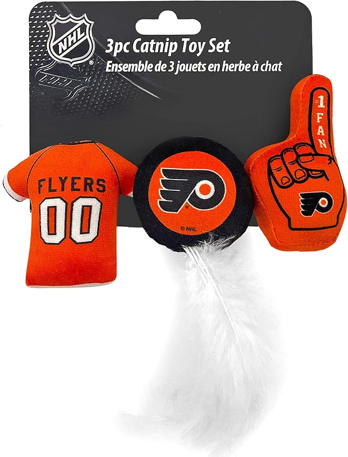 Best Plush CAT Toy NHL Philadelphia Flyers Complete Set of 3 Piece Cat Toys Filled with Fresh Catnip. Includes: 1 Jersey Cat Toy, 1 Hockey Puck Cat Toy with Feathers & 1#1 Fan Cat Toy. with Team Logo