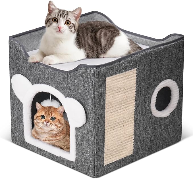 Cat Beds for Indoor Cats, Large Cat House Foldable Cat Cave with Scratch Pad and Hanging Fluffy Ball, Reversible Cushion Hideaway for Pet Cats, 16.5x16.5x13.2 inches, Dark Grey