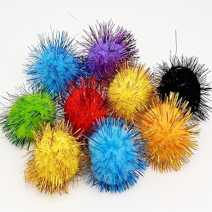 24 Pcs Cat Ball Toys, 1.8 Inch Sparkle Ball, Tinsel Glitter Pom Pom Cat's Favorite Toys, Random Color