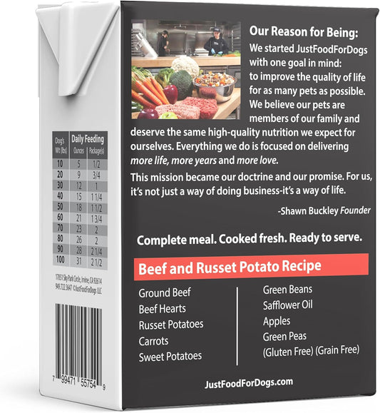 JustFoodForDogs Pantry Fresh Wet Dog Food, Complete Meal or Dog Food Topper, Beef & Russet Potato Human Grade Dog Food Recipe - 12.5 oz (Pack of 6)
