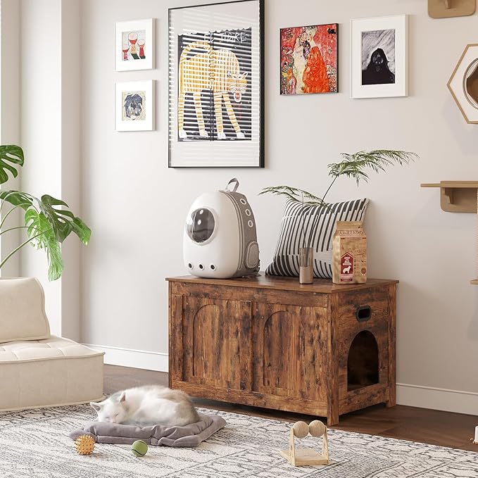 DINZI LVJ Cat Litter Box Enclosure, Flip Top Litter Box Furniture, Farmhouse Hidden Cat Washroom, Wooden Pet House, End Side Table, 31.5"L x 19.7"W x 19.7"H, Sturdy and Easy to Assemble, Rustic Brown