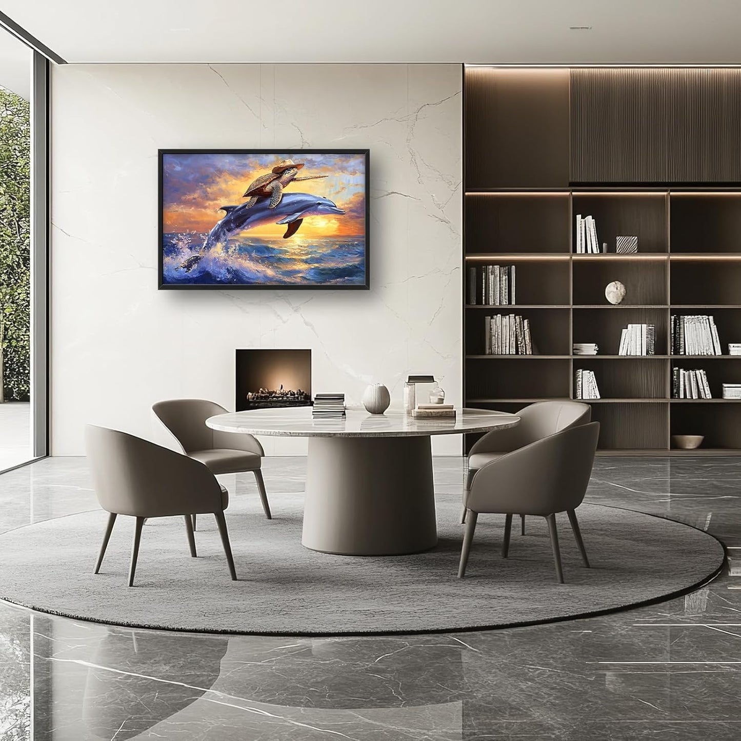 Large Funny Sea Turtle Wall Art for Living Room, Framed Oversized Ocean Dolphin Wall Decor Sunset Nautical Canvas Painting Modern Artwork Home Decoration for Bedroom Office 36"x24"