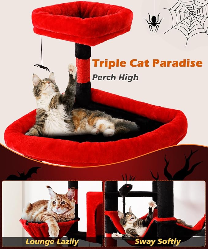 AMHANCIBLE Large Gothic Cat Tree, 83 Inch Tall Tower for Indoor Adult Cats, with Scratching Post and Board, Hammock, Condos, Hanging Basket, Activity Center to Play and Sleep, Black Red, PT21RD