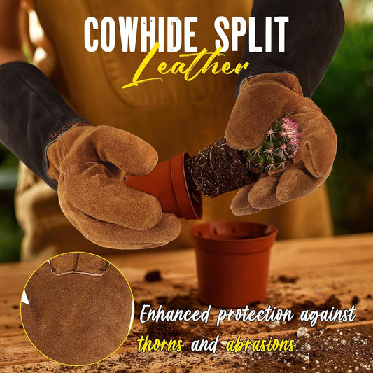 HANDLANDY Leather Gardening Gloves for Men & Women, Rose Pruning Thorn Proof Garden Glove, Long Sleeve Gauntlet Gloves (Black-brown, X-Large (Pack of 1))