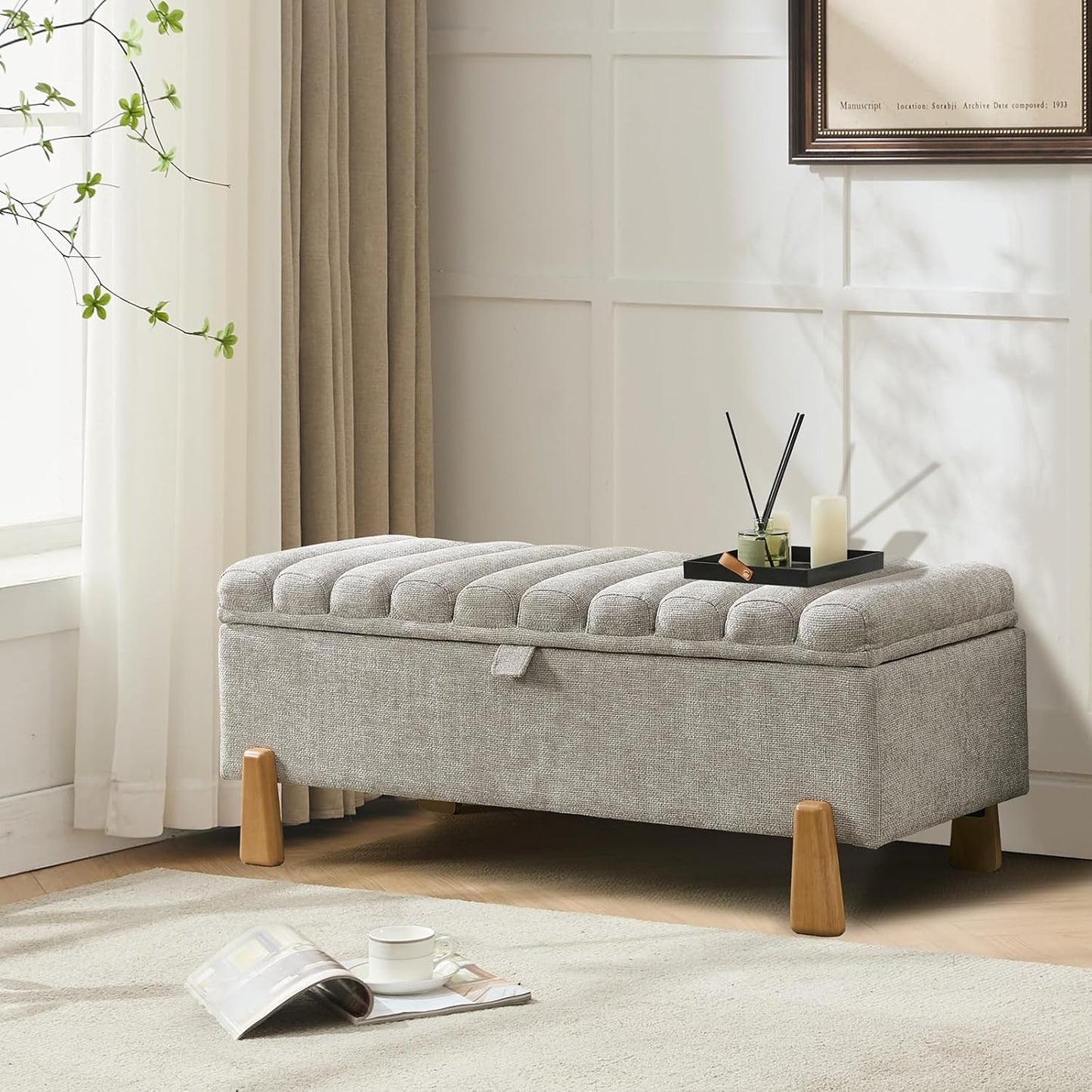 Storage Ottoman Bench, Bedroom Storage Bench Foot Rest with Legs, 17.1 x 48.6 x 18.5 Inches, End of Bed Bench, Load up to 500 lb, for Living Room, Bedroom, Entryway, Light Gray