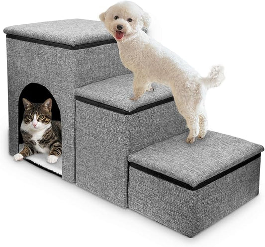 Fhiny Dog Stairs with Storage, 3-Steps Foldable Pet Stairs for Small Dogs Non-Slip Puppy Steps with Condo for High Bed & Couch Dog Ramp for Old Dogs and Cats, Holding up to 160 lbs Pets (Grey)