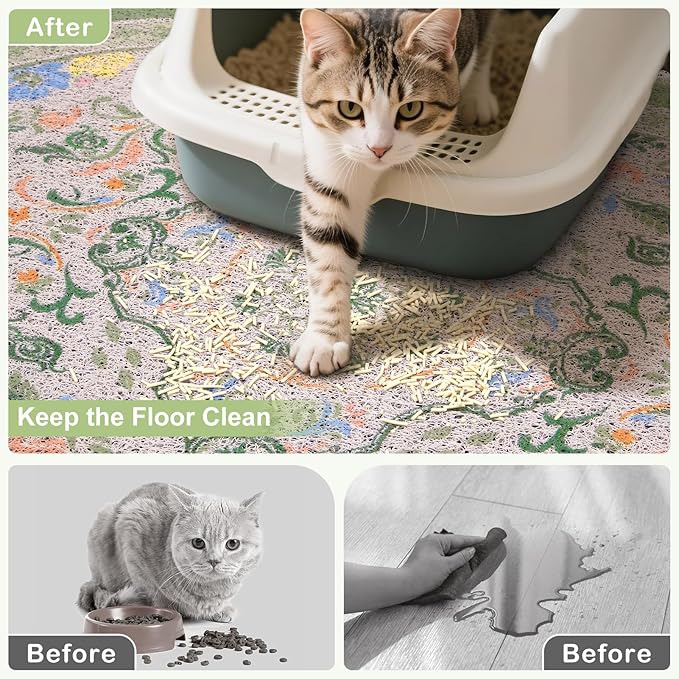 Bienbee Cat Litter Mat, 33" x 22" Large Size Litter Box Mat Rug with Non-Slip Bottom, Easy to Clean Cat Supplies Essentials for Indoor Kitty Kitten Floor,Bean-Green L