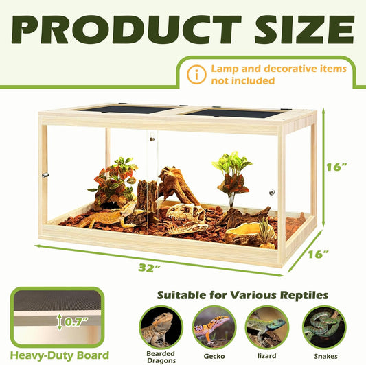 Prolee Tempered Glass Bearded Dragon Tank 37 Gallon, Lizard Tank, Reptile Tank with Metal Mesh Roof Door, Snake Tank with Lock Design, 32" Long, Oak