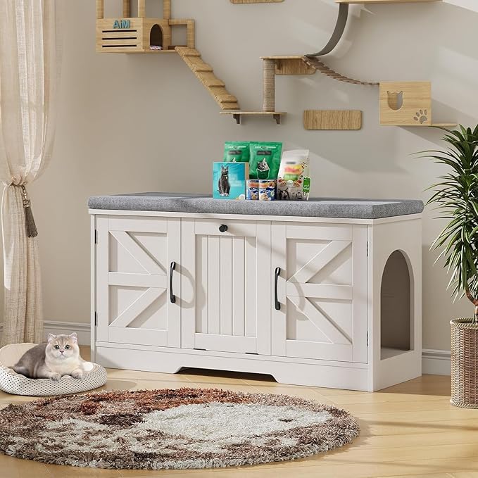 Vabches Cat Box Litter Enclosure with Cushion, Flip Top Cat Litter Box Furniture with Storage, Farmhouse Indoor Cat House with 3 Doors, Pet Washroom Hidden Litter Box, White