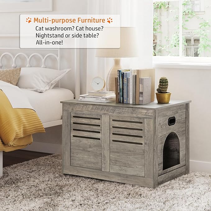 DINZI LVJ Litter Box Enclosure, Flip Top Litter Box Furniture, Hidden Cat Washroom, Wooden Cat House, End Table, 31.5" L x 19.7" W x 19.7" H, Good Ventilation, Easy to Assemble, Gray Wash