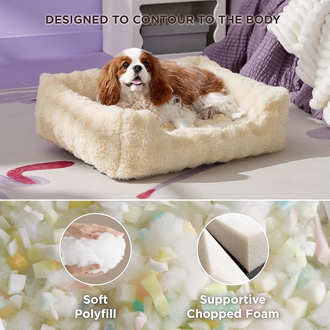 LE SURE Fluffy Dog Beds for Medium Dogs - Rectangle Orthopedic Calming Pet Sofa,Plush Bubble Bolster Pet Bed with Removable Washable Cover and Nonskid Bottom,30x24x8inches,Beige