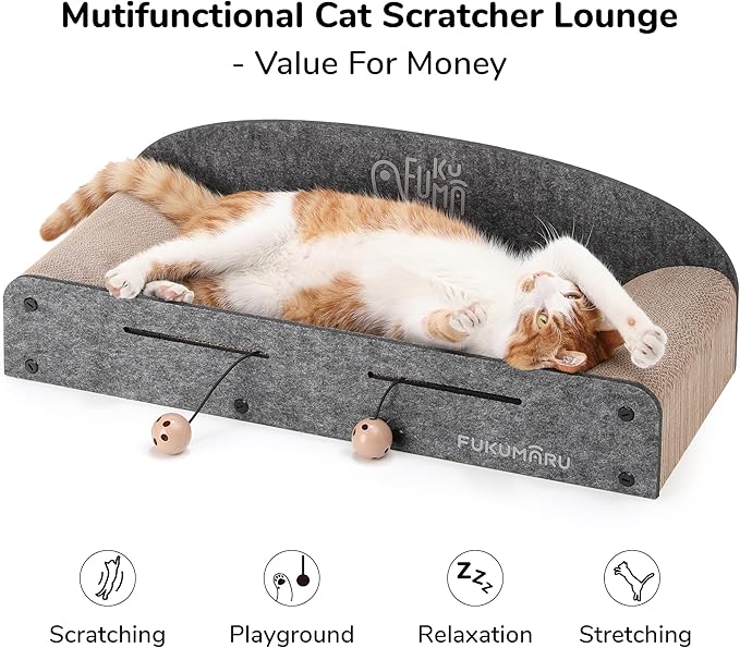 FUKUMARU 26 Inch Cat Scratcher Cardboard Lounge Bed, 2 Reversible Cat Scratch Pads Refill for Indoor Cats, Durable Cats Scratching Boards Extra Large Lounger Bed Sofa Couch with Ball Toy, Grey